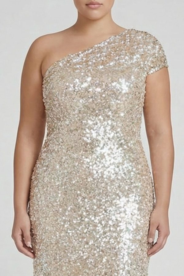Sparkly Champagne One Shoulder Plus Size Formal Dress - Image 3