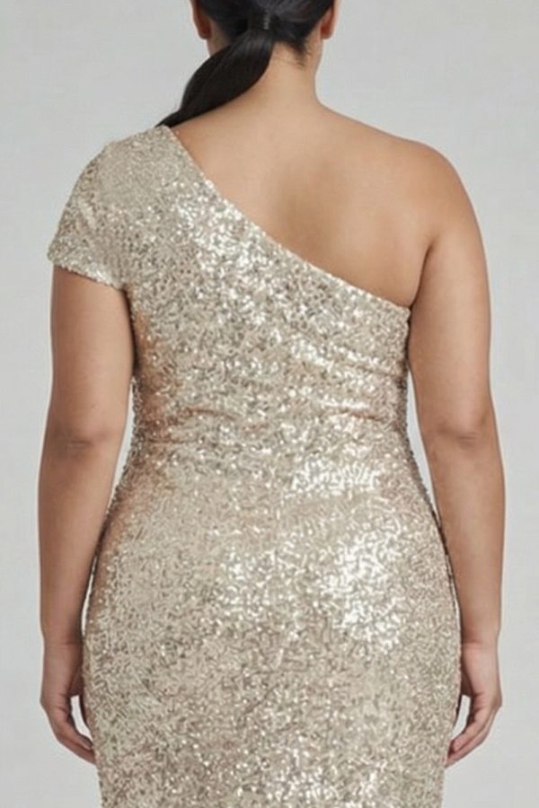 Sparkly Champagne One Shoulder Plus Size Formal Dress - Image 4