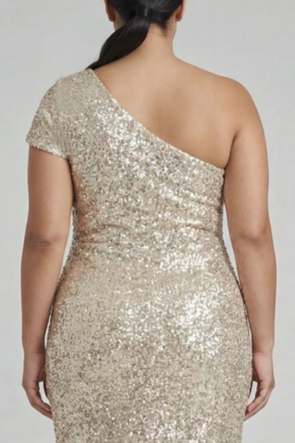 Sparkly Champagne One Shoulder Plus Size Formal Dress - Image 4