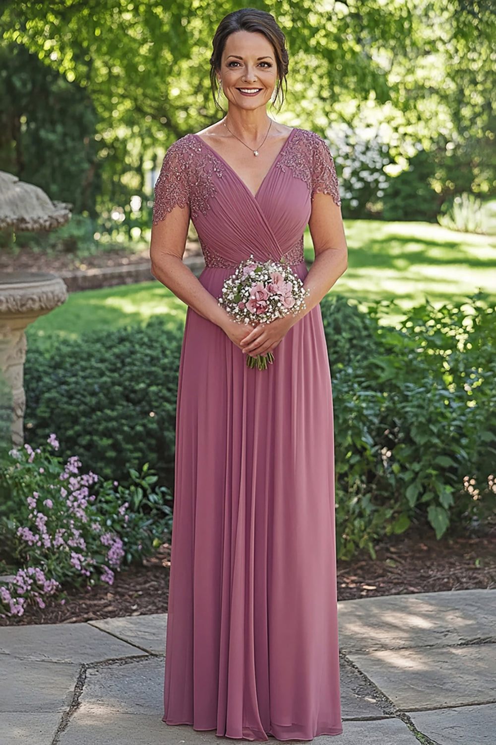 Dusty Rose A-Line Sequined Short Sleeves Chiffon Long Mother of the Bride Dress - Image 1