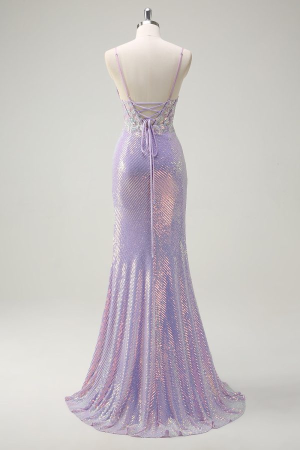 Sparkly Corset Lilac Mermaid Spaghetti Straps Prom Dress with Slit - Image 2