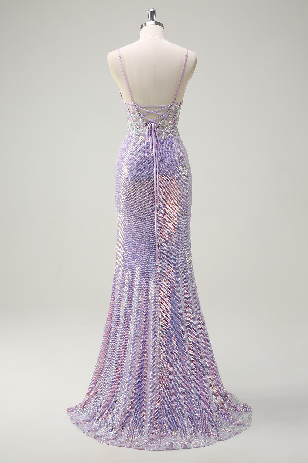 Sparkly Corset Lilac Mermaid Spaghetti Straps Prom Dress with Slit - Image 2