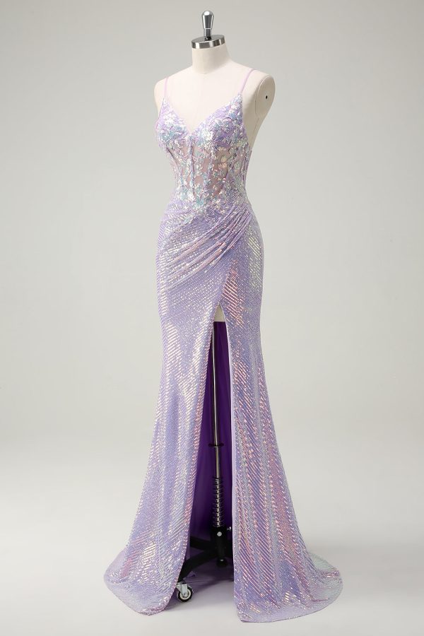 Sparkly Corset Lilac Mermaid Spaghetti Straps Prom Dress with Slit - Image 3