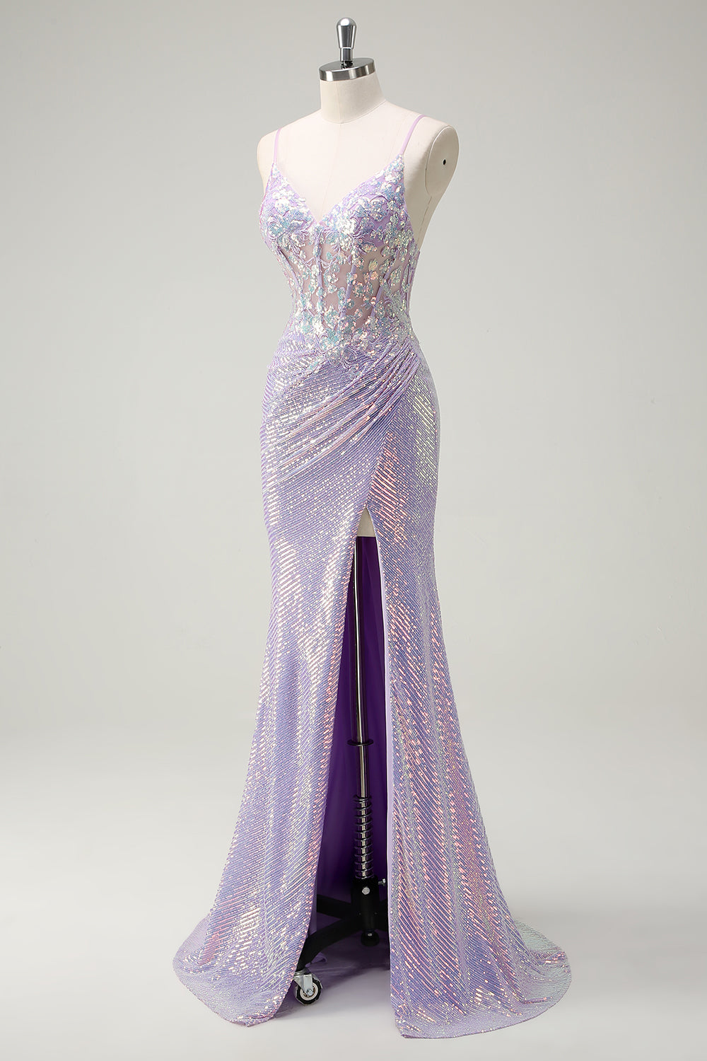 Sparkly Corset Lilac Mermaid Spaghetti Straps Prom Dress with Slit - Image 3