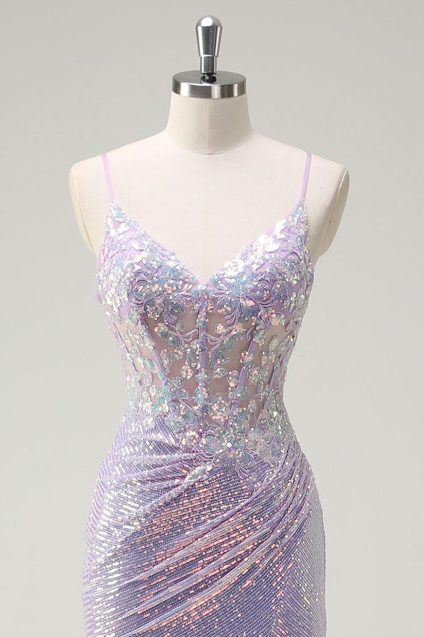 Sparkly Corset Lilac Mermaid Spaghetti Straps Prom Dress with Slit - Image 4