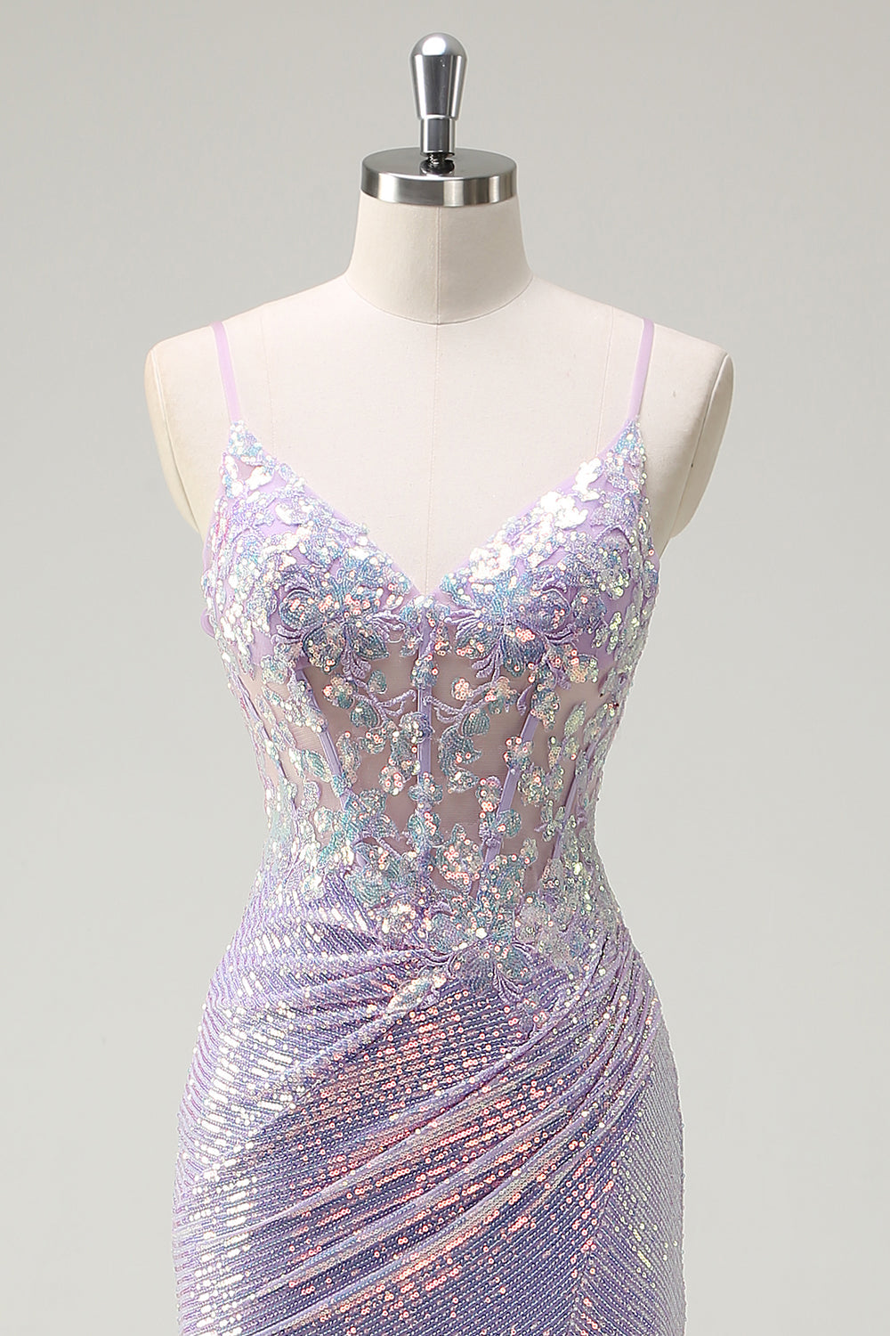 Sparkly Corset Lilac Mermaid Spaghetti Straps Prom Dress with Slit - Image 4