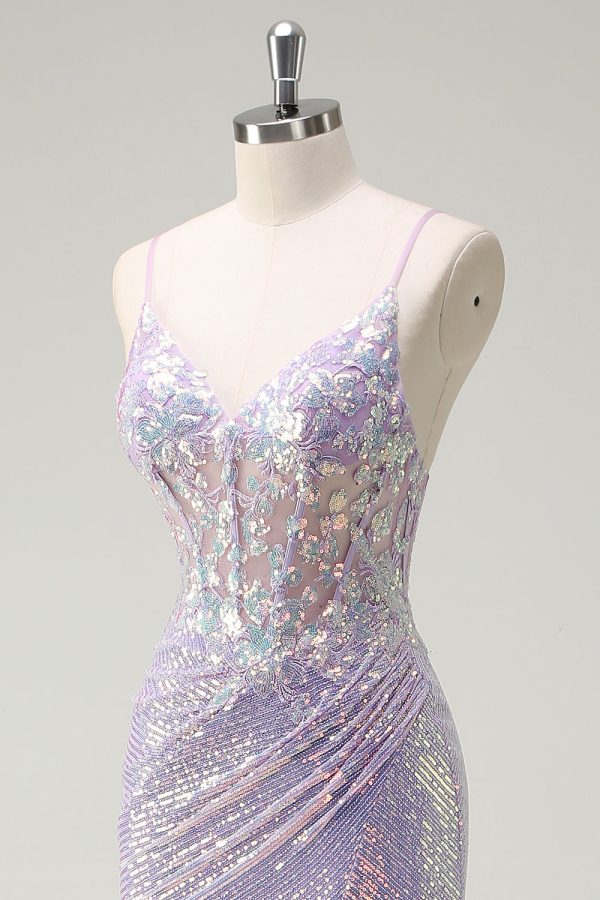 Sparkly Corset Lilac Mermaid Spaghetti Straps Prom Dress with Slit - Image 6