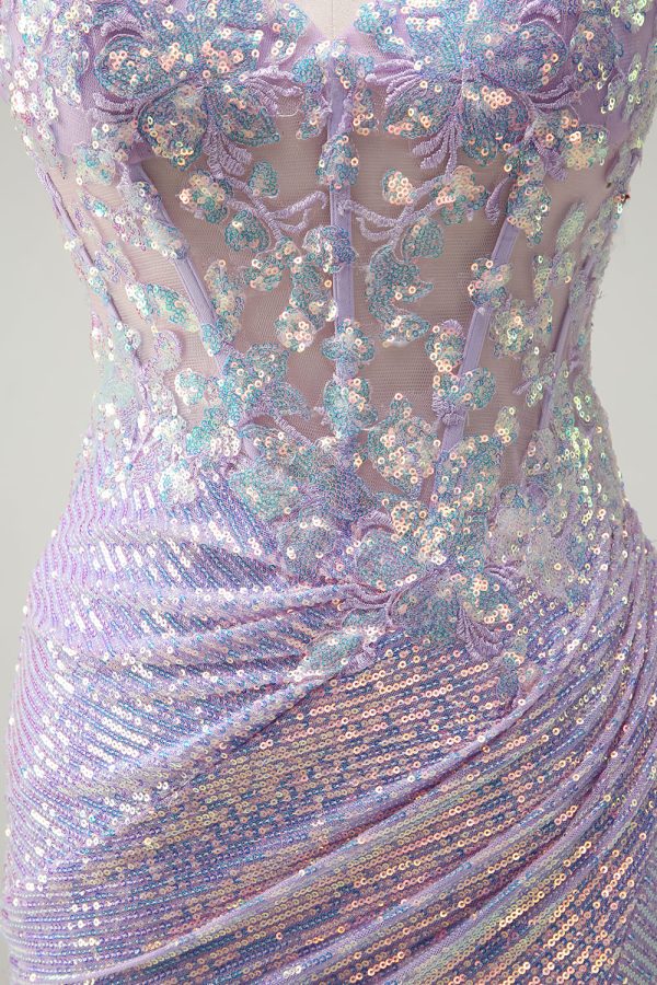 Sparkly Corset Lilac Mermaid Spaghetti Straps Prom Dress with Slit - Image 7