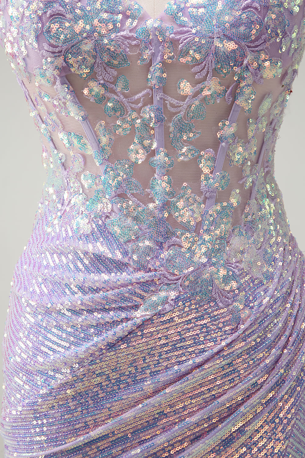 Sparkly Corset Lilac Mermaid Spaghetti Straps Prom Dress with Slit - Image 7