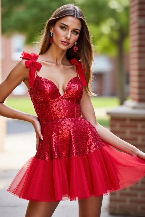 Sparkly Dark Red Sequin Homecoming Dress with Bows - Image 1