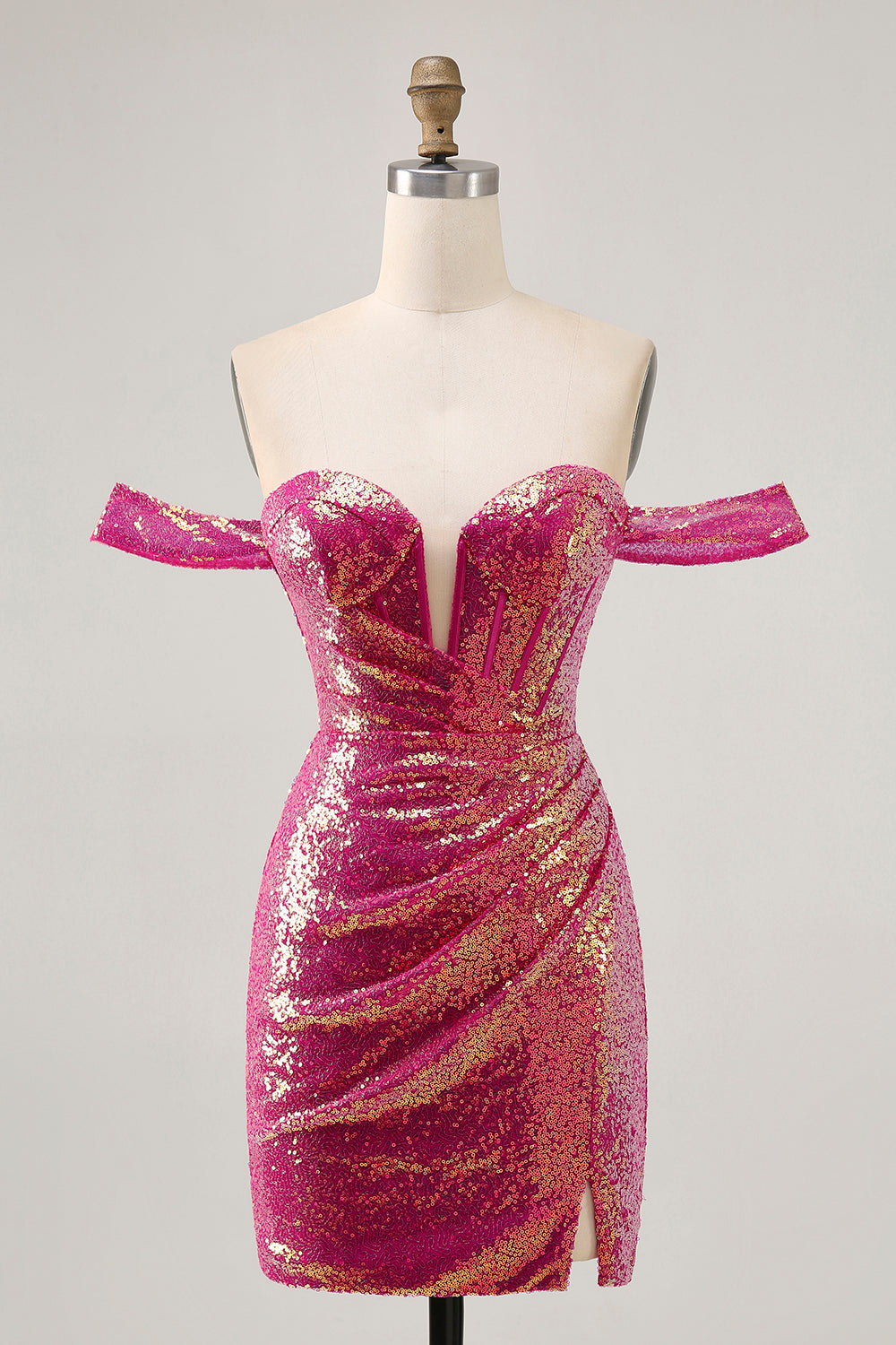 Sparkly Fuchsia Off The Shoulder Bodycon Homecoming Dress - Image 1