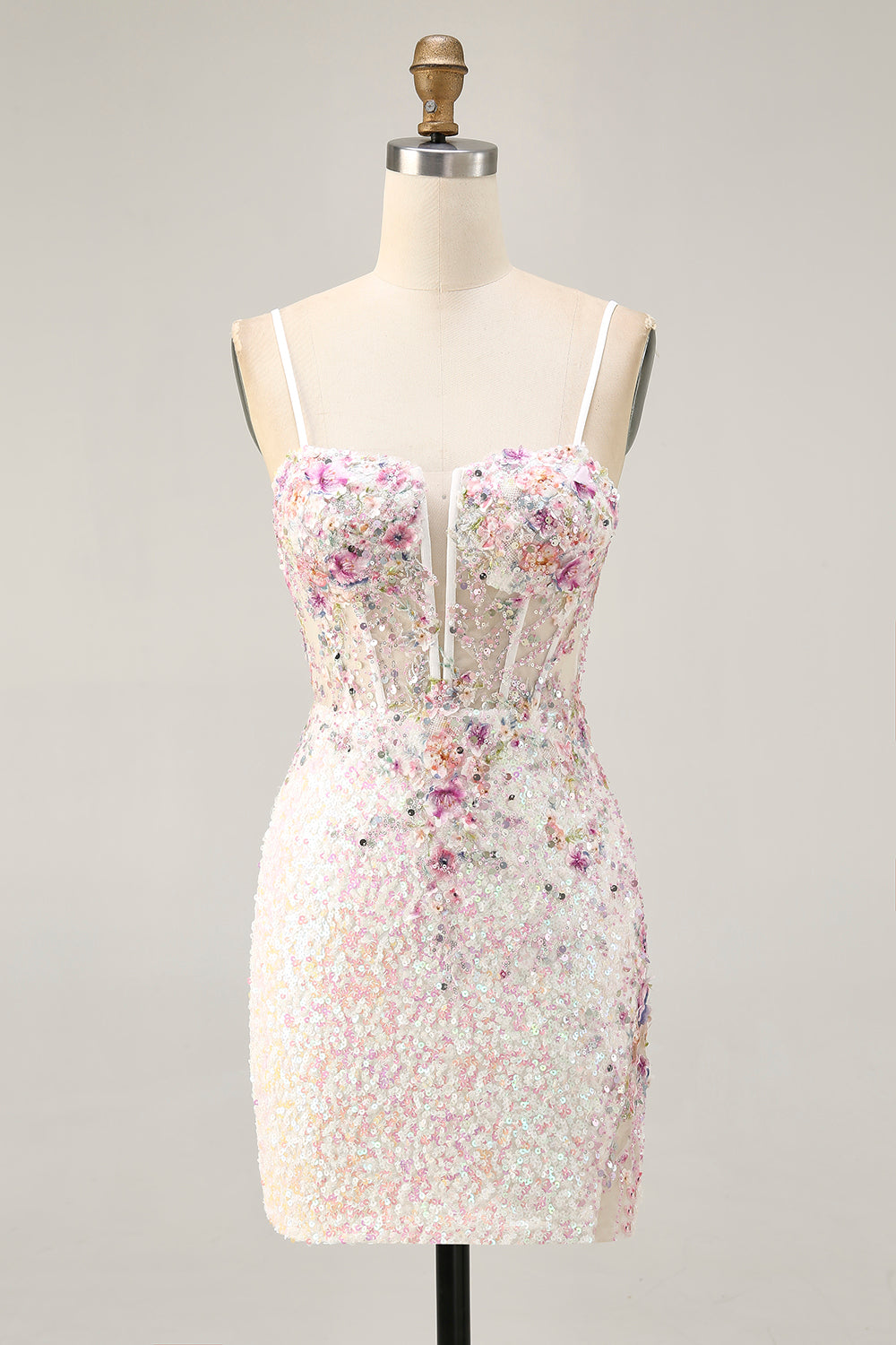 Sparkly Bodycon Corset White Flower Homecoming Dress - Image 1