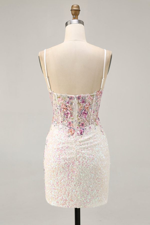Sparkly Bodycon Corset White Flower Homecoming Dress - Image 2