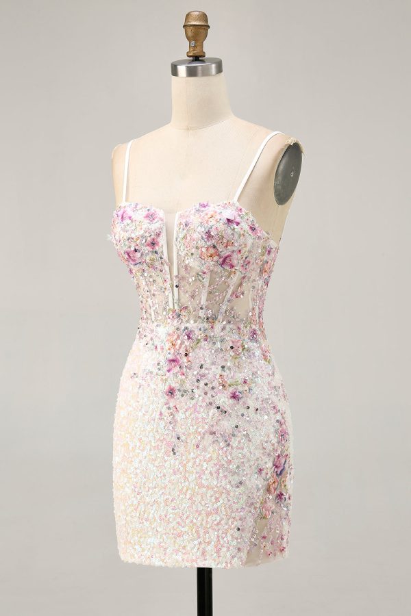 Sparkly Bodycon Corset White Flower Homecoming Dress - Image 3