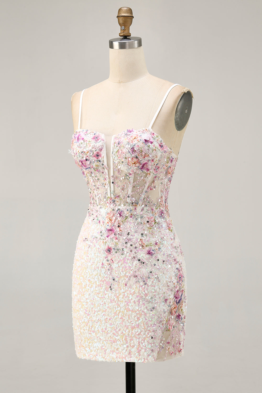 Sparkly Bodycon Corset White Flower Homecoming Dress - Image 3