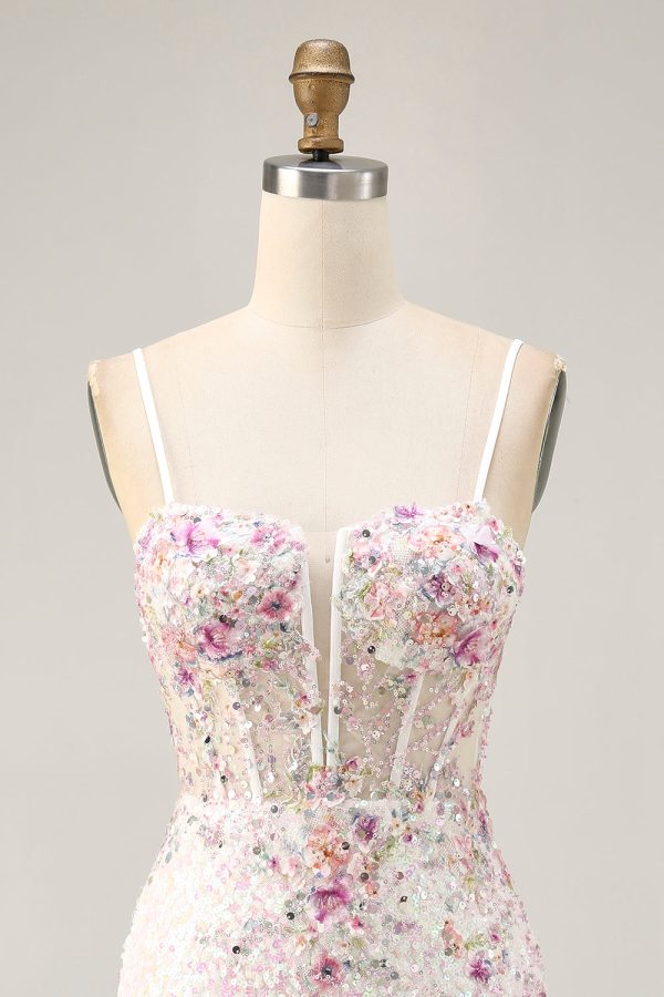 Sparkly Bodycon Corset White Flower Homecoming Dress - Image 4