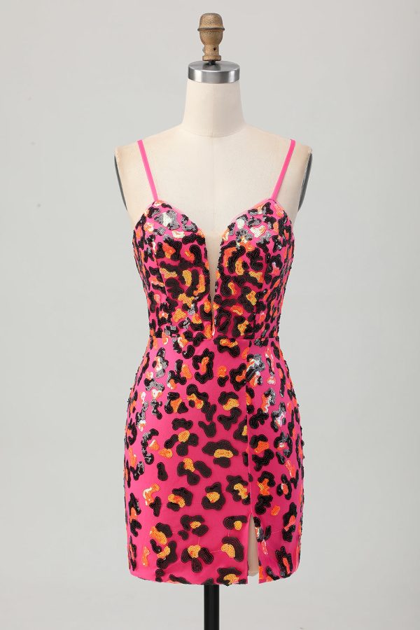 Sparkly Fuchsia Spaghetti Straps Bodycon Homecoming Dress with Slit - Image 3