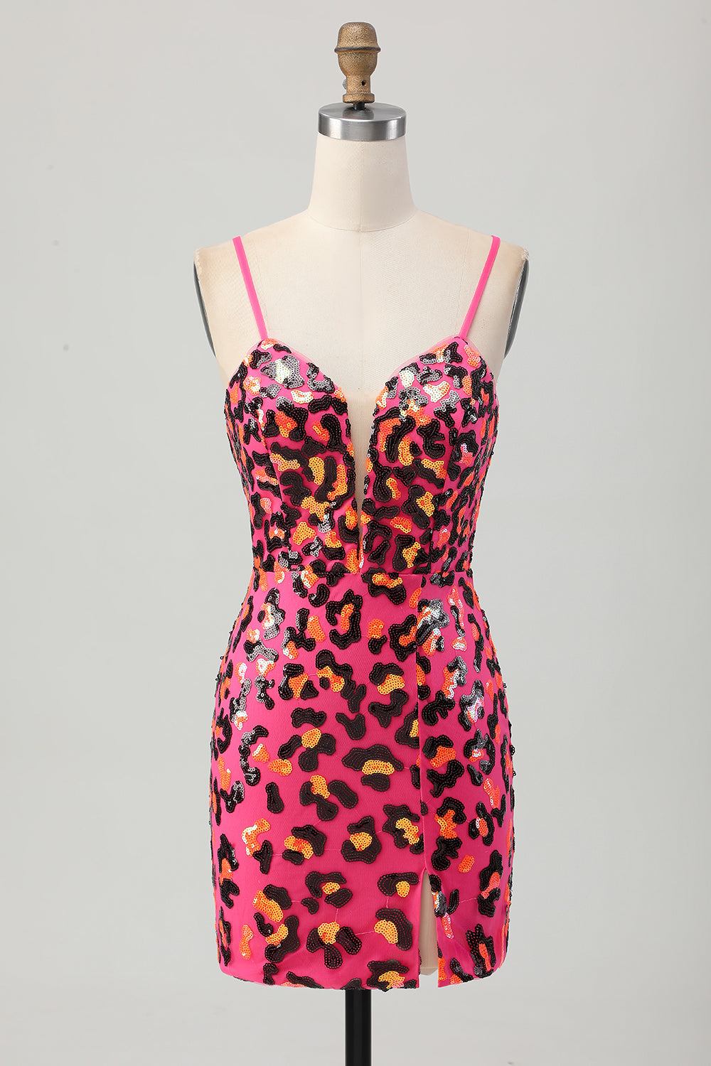 Sparkly Fuchsia Spaghetti Straps Bodycon Homecoming Dress with Slit - Image 3