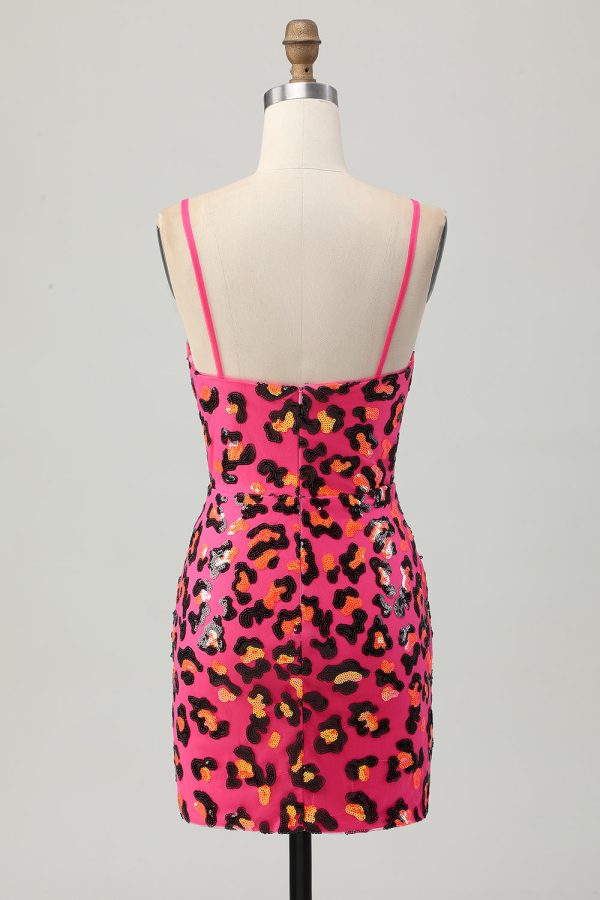 Sparkly Fuchsia Spaghetti Straps Bodycon Homecoming Dress with Slit - Image 4