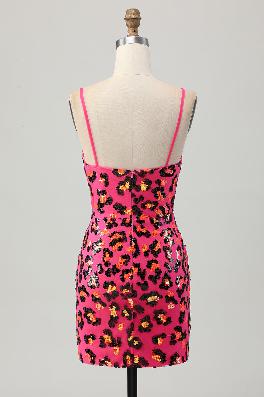 Sparkly Fuchsia Spaghetti Straps Bodycon Homecoming Dress with Slit - Image 4