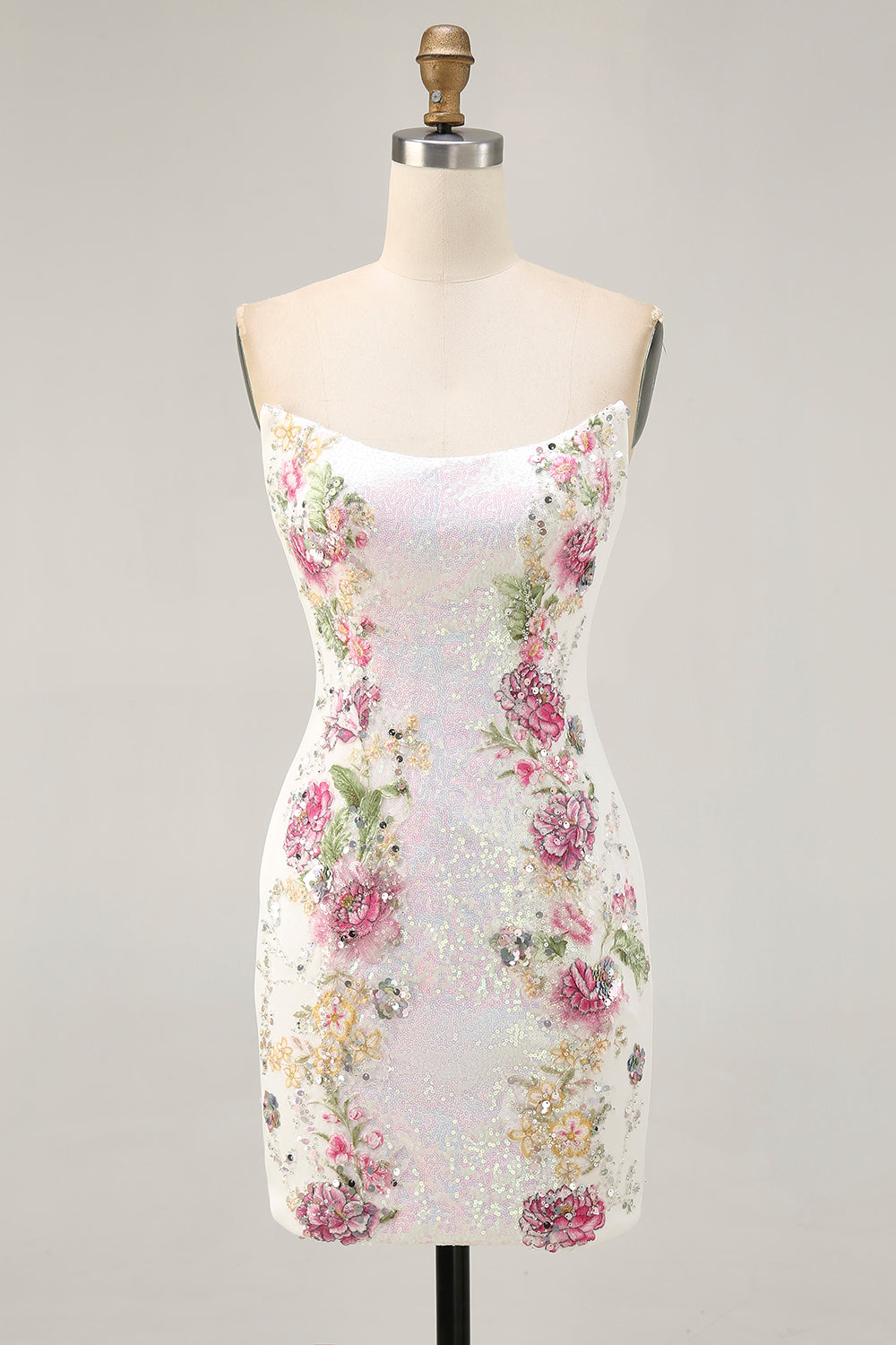 Sparkly Bodycon Strapless White Flower Homecoming Dress - Image 1
