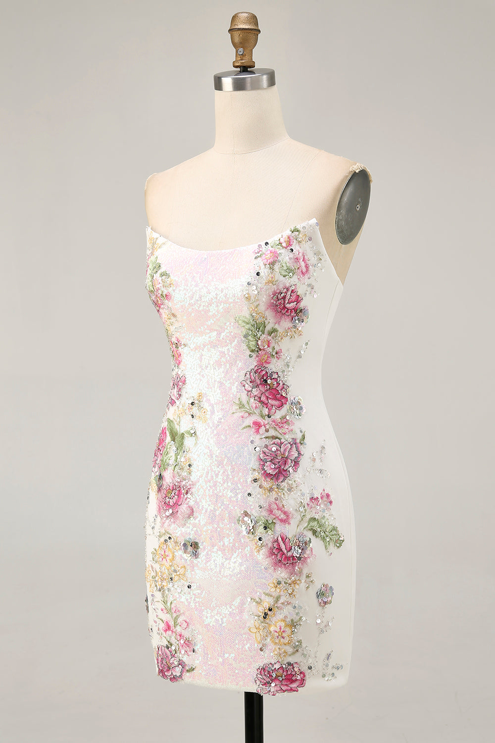 Sparkly Bodycon Strapless White Flower Homecoming Dress - Image 5