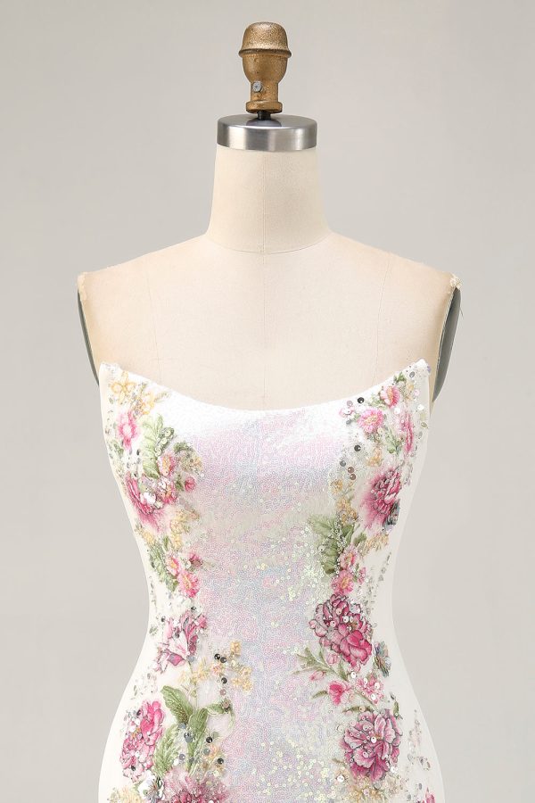 Sparkly Bodycon Strapless White Flower Homecoming Dress - Image 6