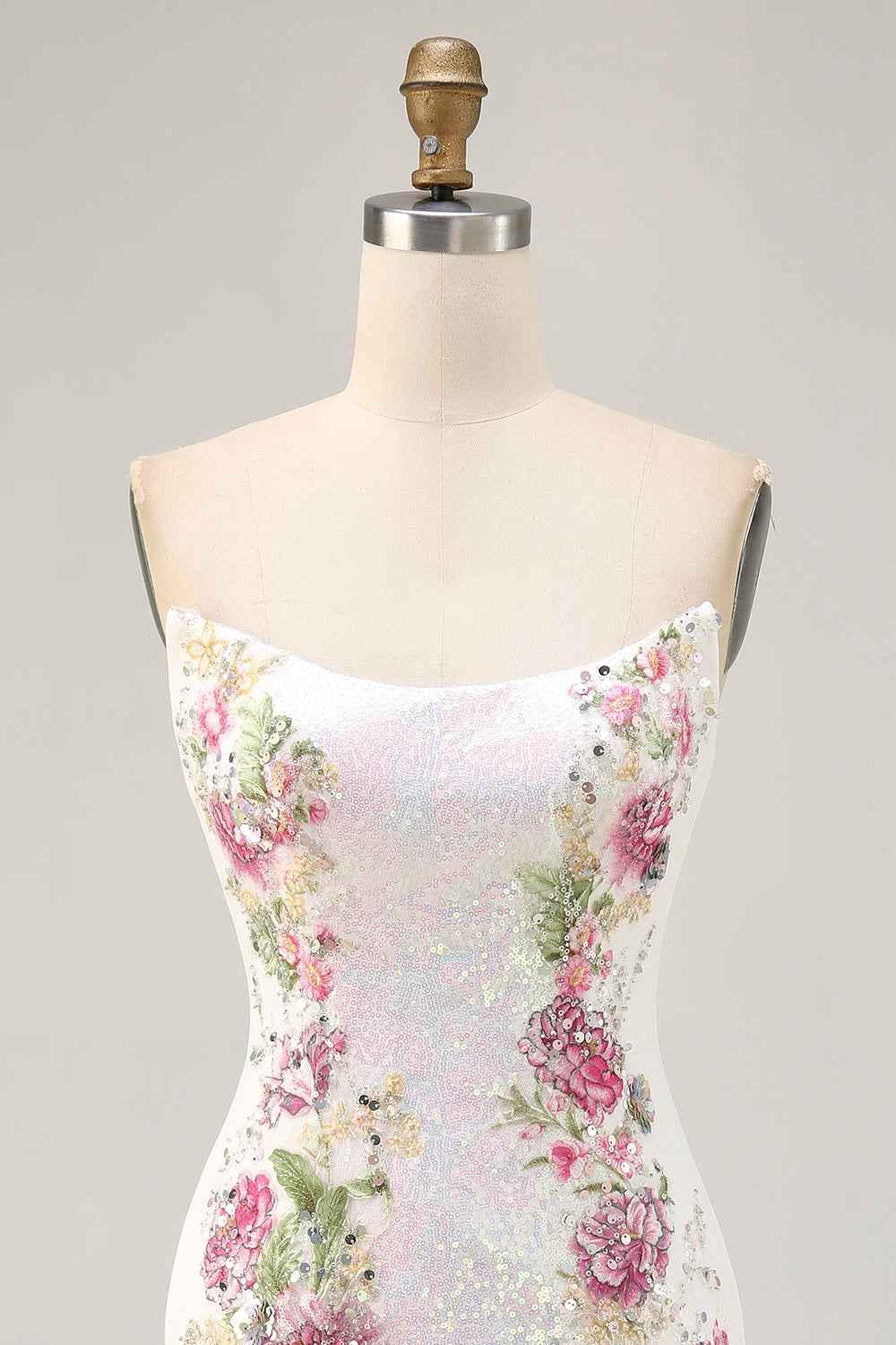 Sparkly Bodycon Strapless White Flower Homecoming Dress - Image 6