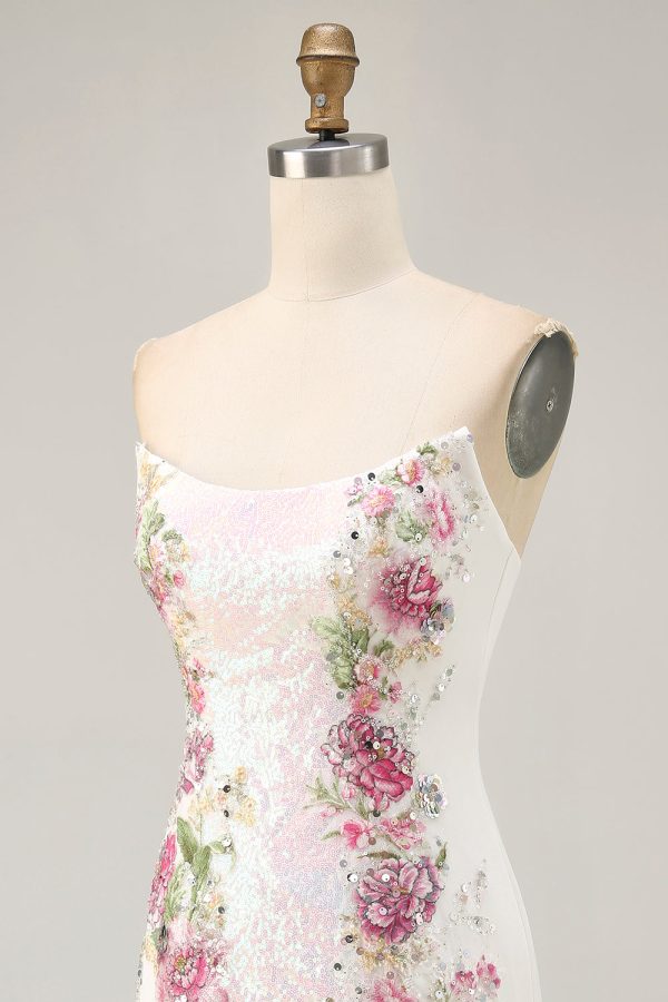 Sparkly Bodycon Strapless White Flower Homecoming Dress - Image 8
