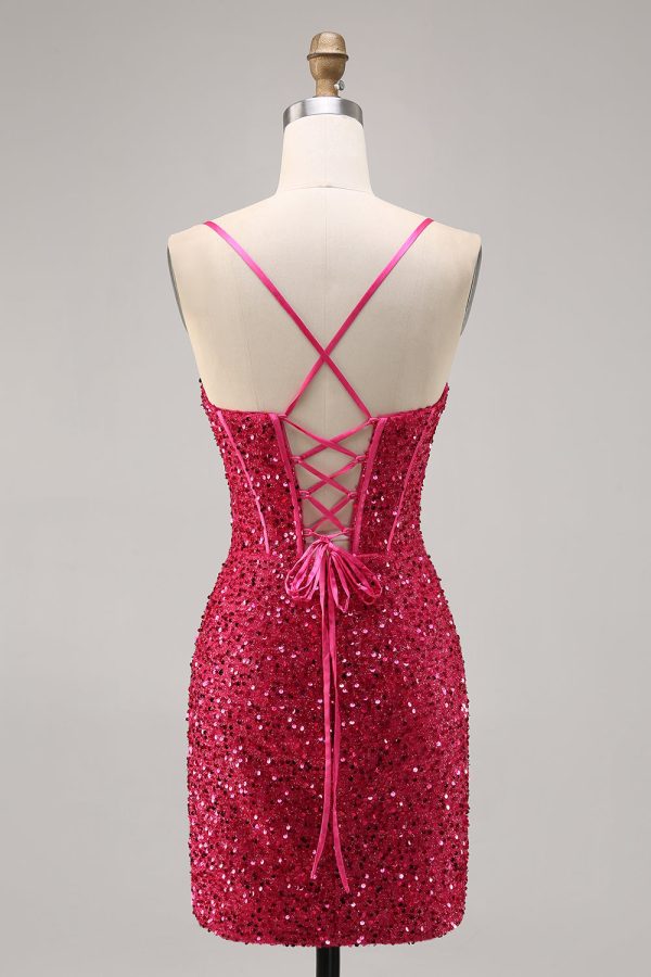 Sparkly Fuchsia Tight Corset Homecoming Dress - Image 2