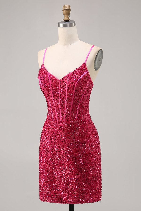 Sparkly Fuchsia Tight Corset Homecoming Dress - Image 3