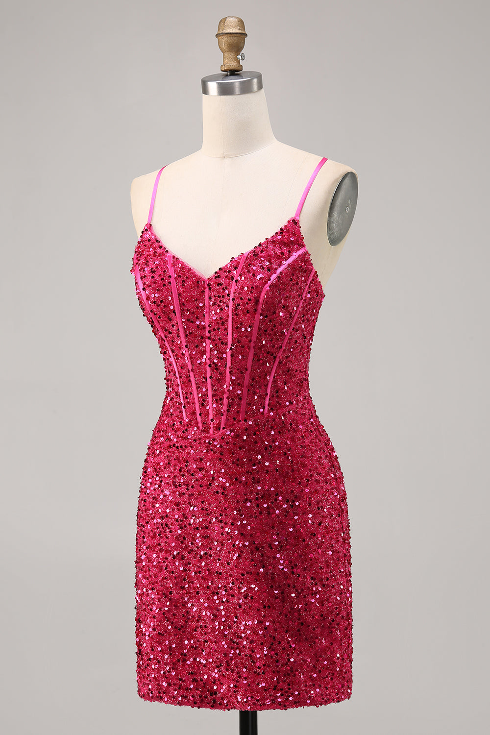 Sparkly Fuchsia Tight Corset Homecoming Dress - Image 3
