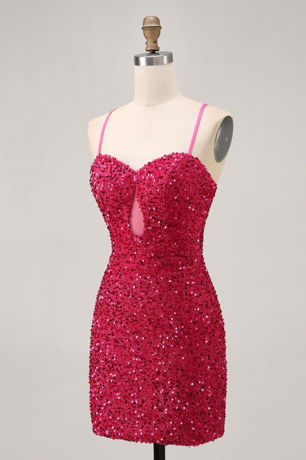 Sparkly Fuchsia Keyhole Bodycon Homecoming Dress - Image 3