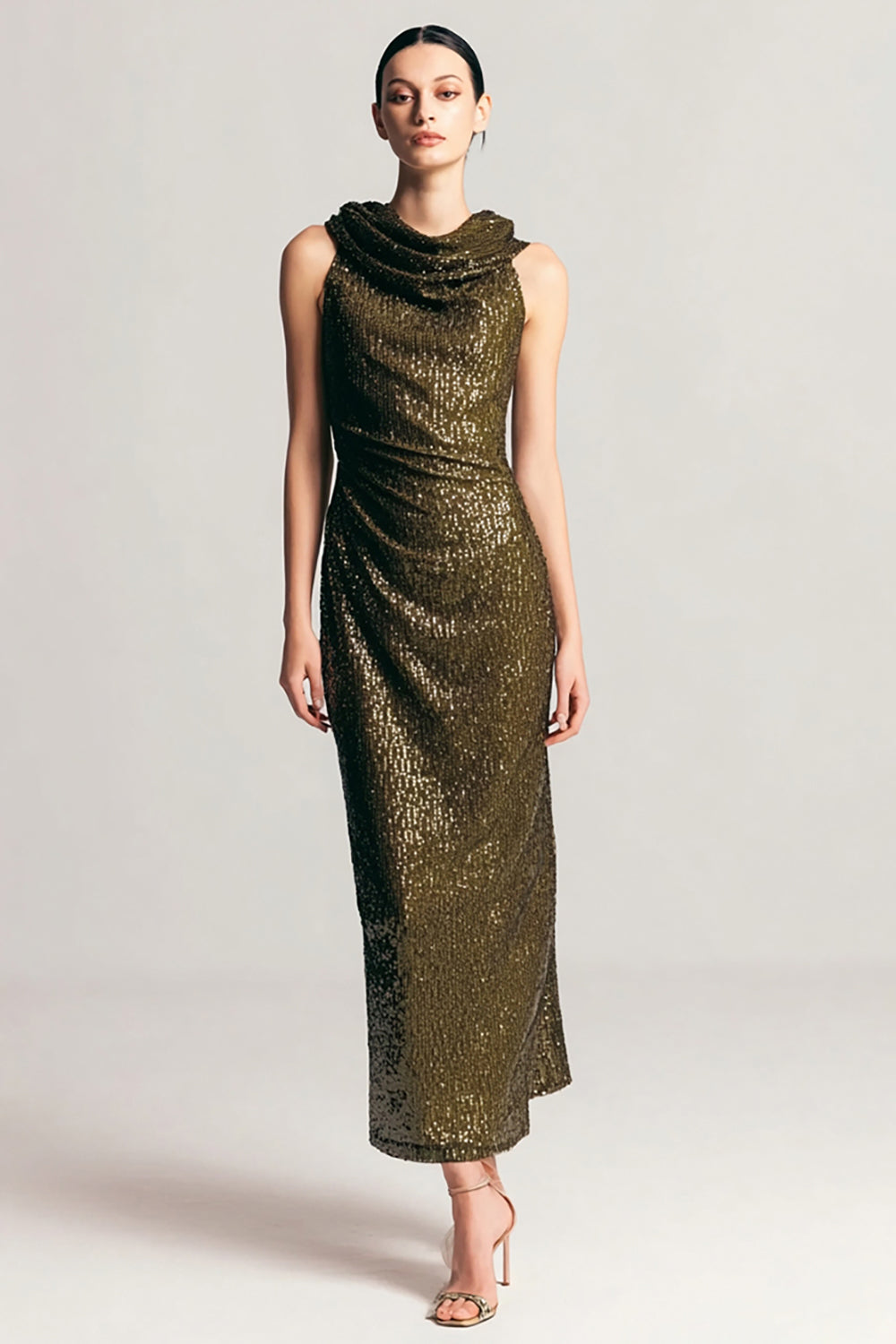 Sparkly Cowl Neck Olive Wedding Guest Dress - Image 1