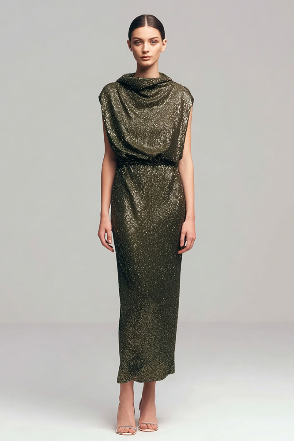 Sparkly Cowl Neck Olive Semi-Formal Dress - Image 1