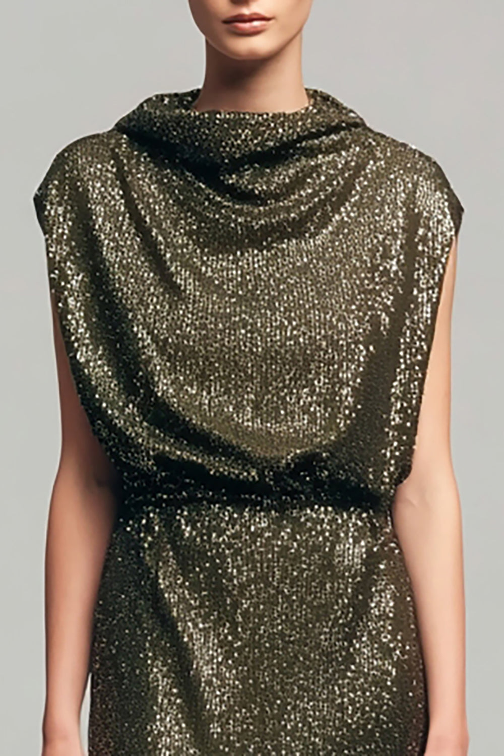 Sparkly Cowl Neck Olive Semi-Formal Dress - Image 2