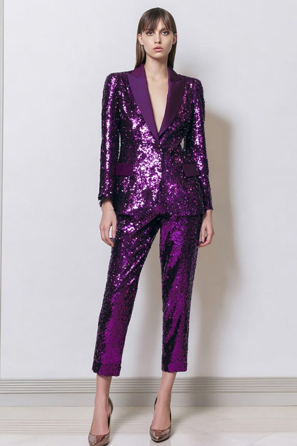 Sparkly Dark Purple Peak Lapel 2-Piece Women Prom Suits