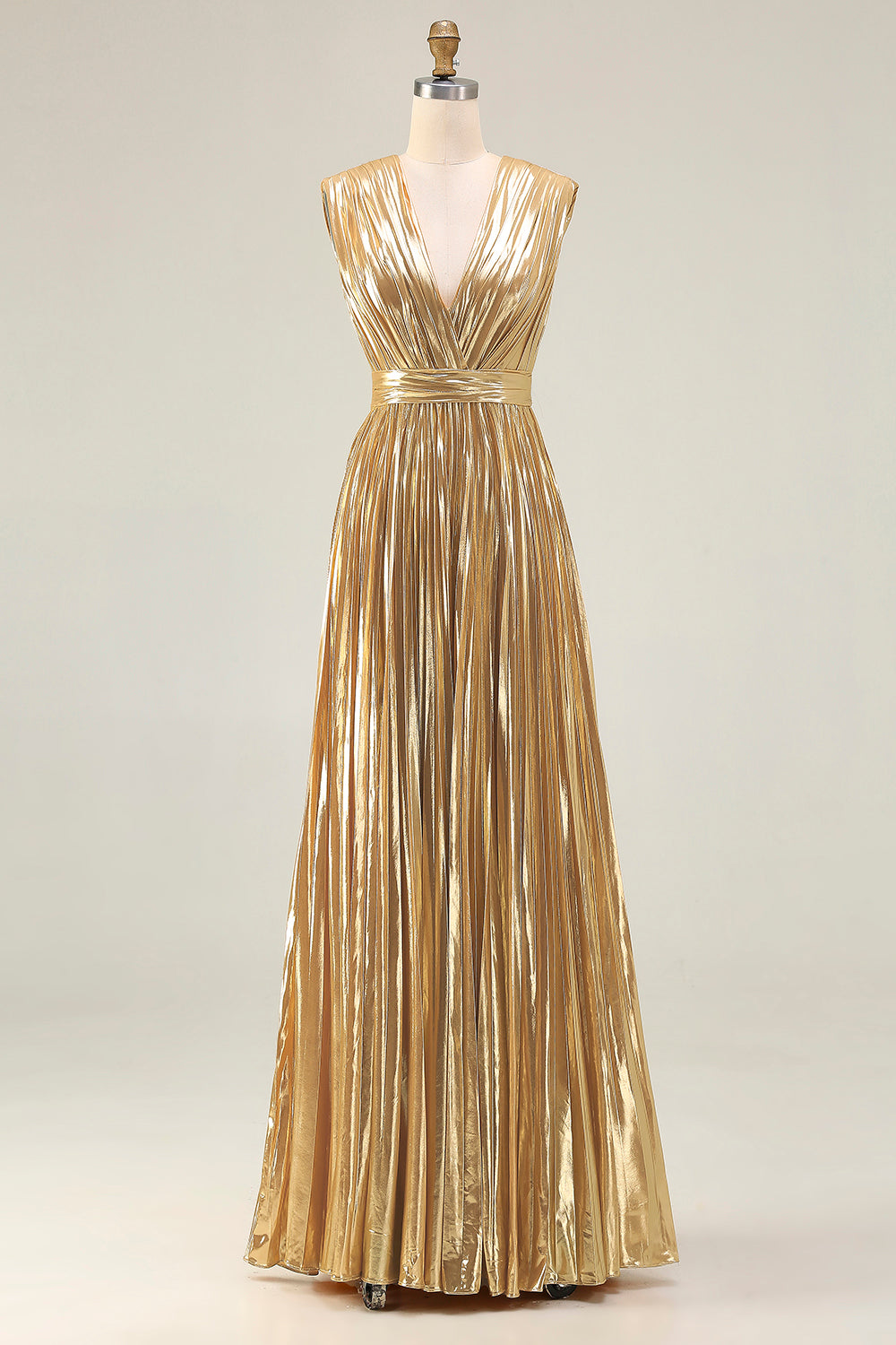 Sparkly Gold A-Line Metallic Pleated Prom Dress - Image 1