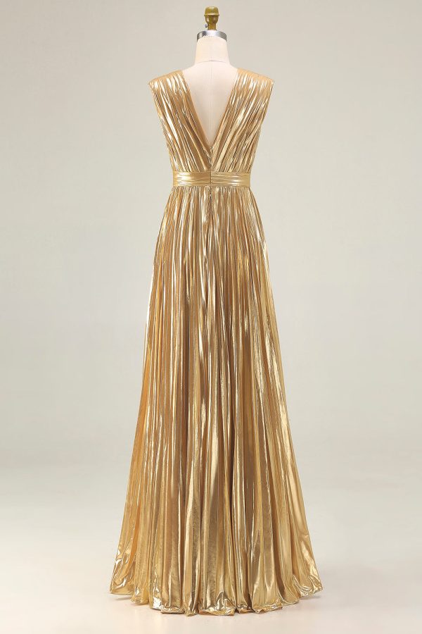 Sparkly Gold A-Line Metallic Pleated Prom Dress - Image 2
