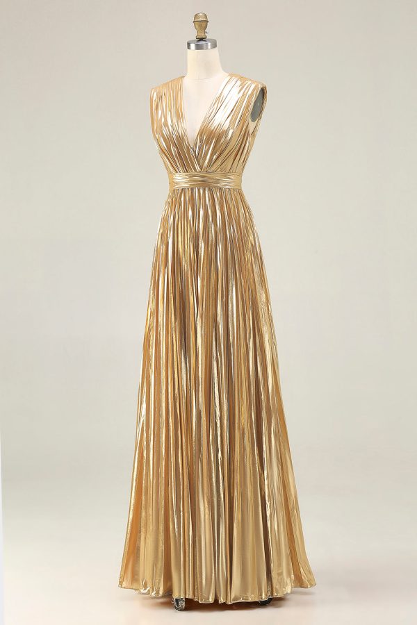 Sparkly Gold A-Line Metallic Pleated Prom Dress - Image 3