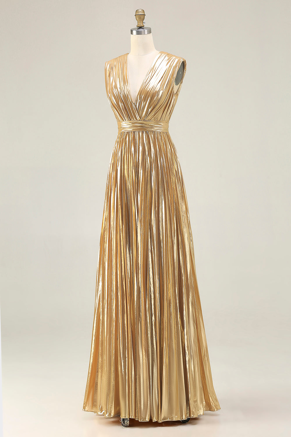 Sparkly Gold A-Line Metallic Pleated Prom Dress - Image 3