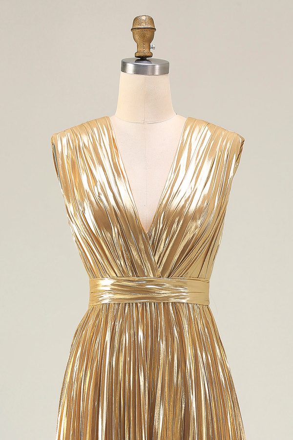 Sparkly Gold A-Line Metallic Pleated Prom Dress - Image 4