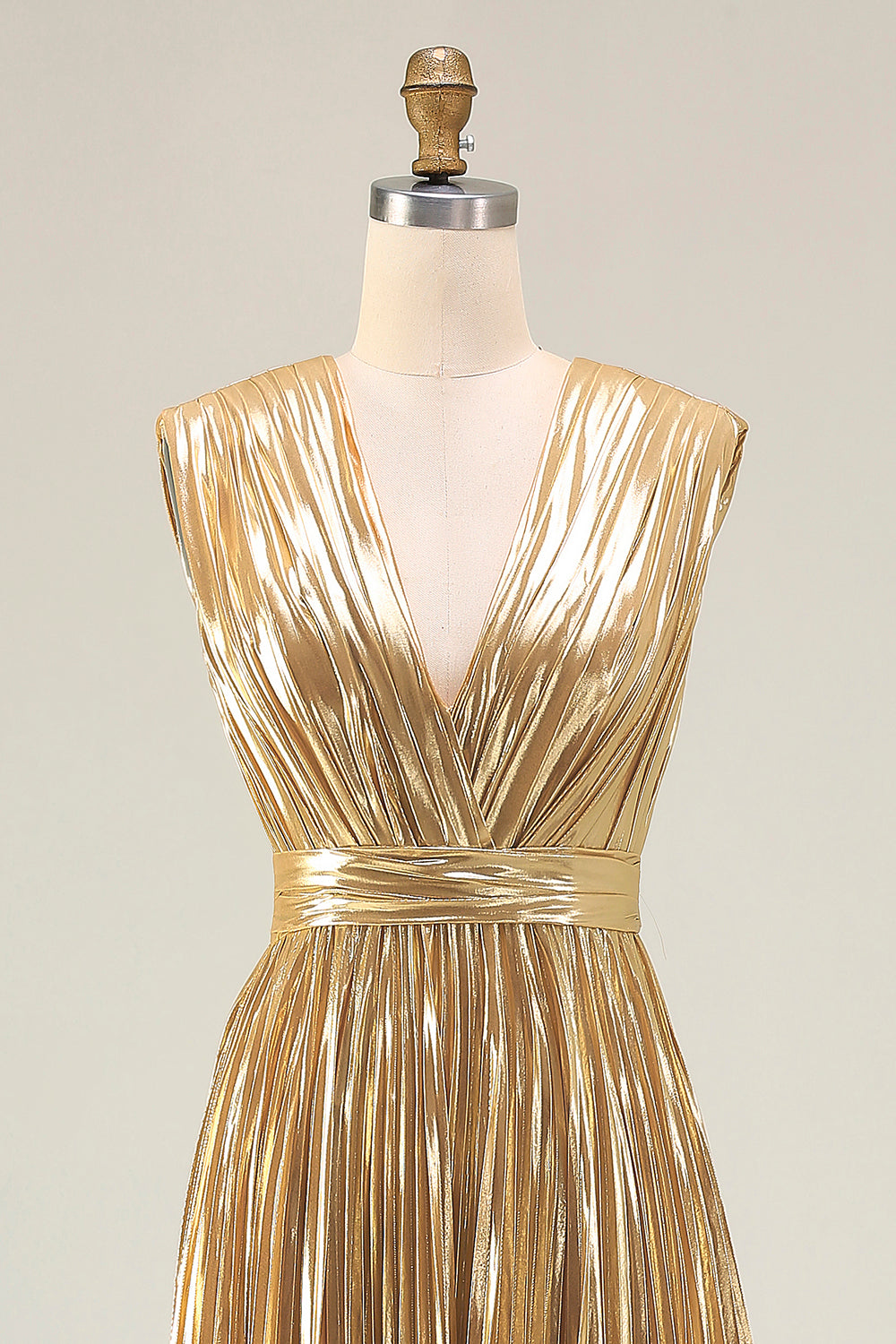 Sparkly Gold A-Line Metallic Pleated Prom Dress - Image 4