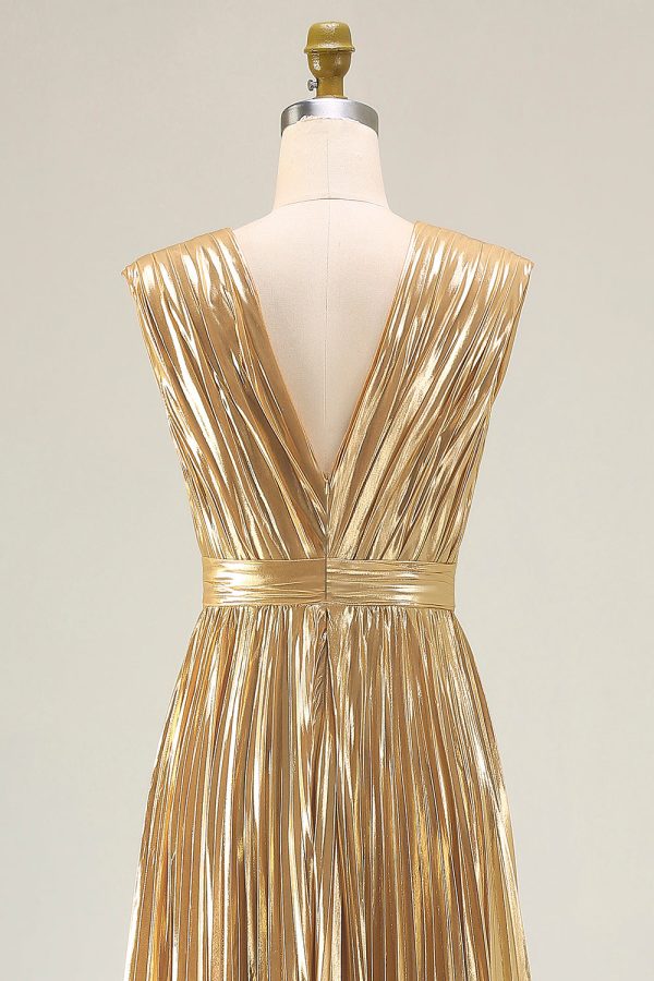 Sparkly Gold A-Line Metallic Pleated Prom Dress - Image 5