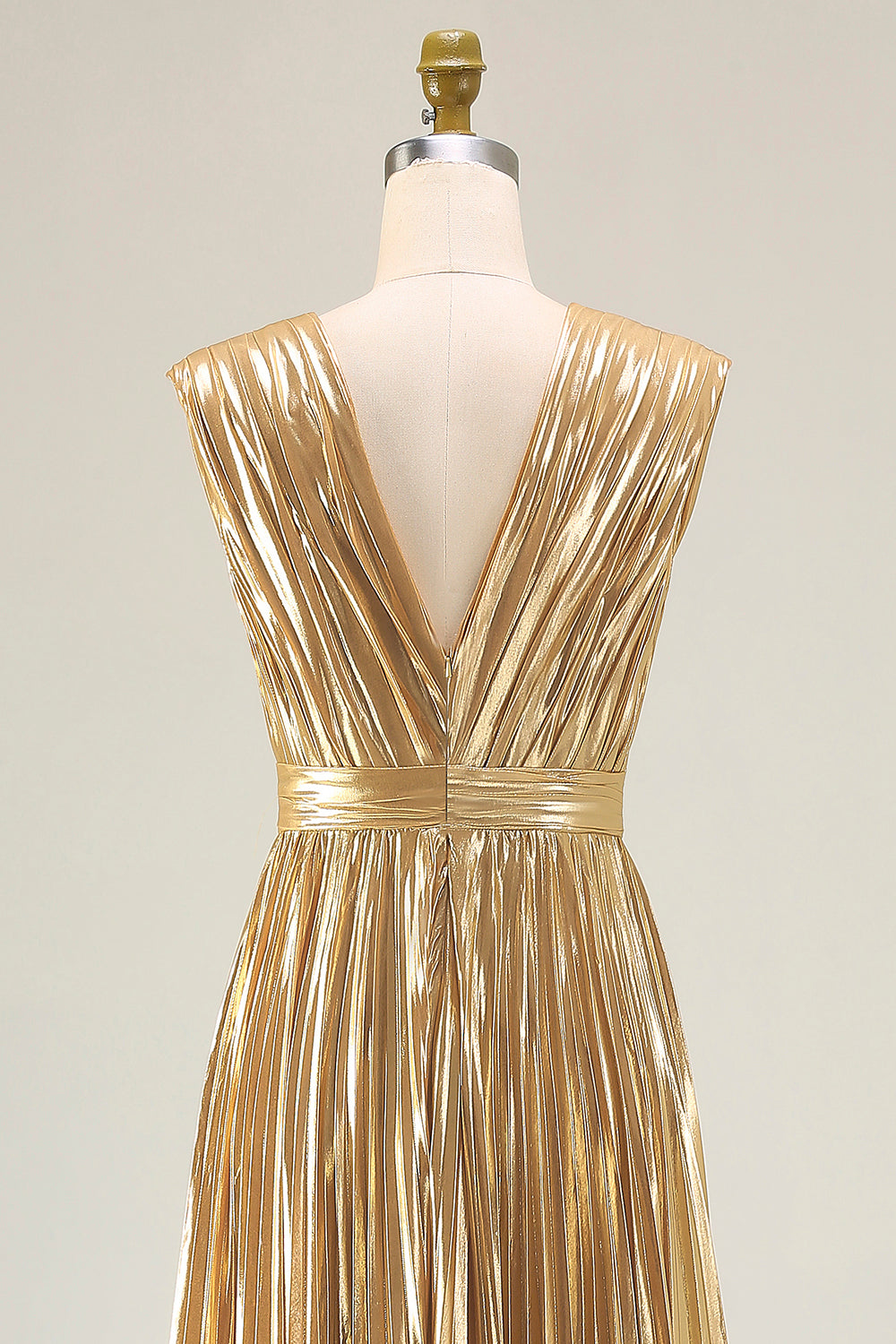 Sparkly Gold A-Line Metallic Pleated Prom Dress - Image 5