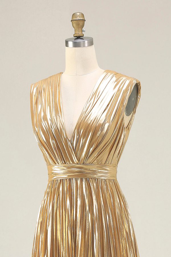 Sparkly Gold A-Line Metallic Pleated Prom Dress - Image 6