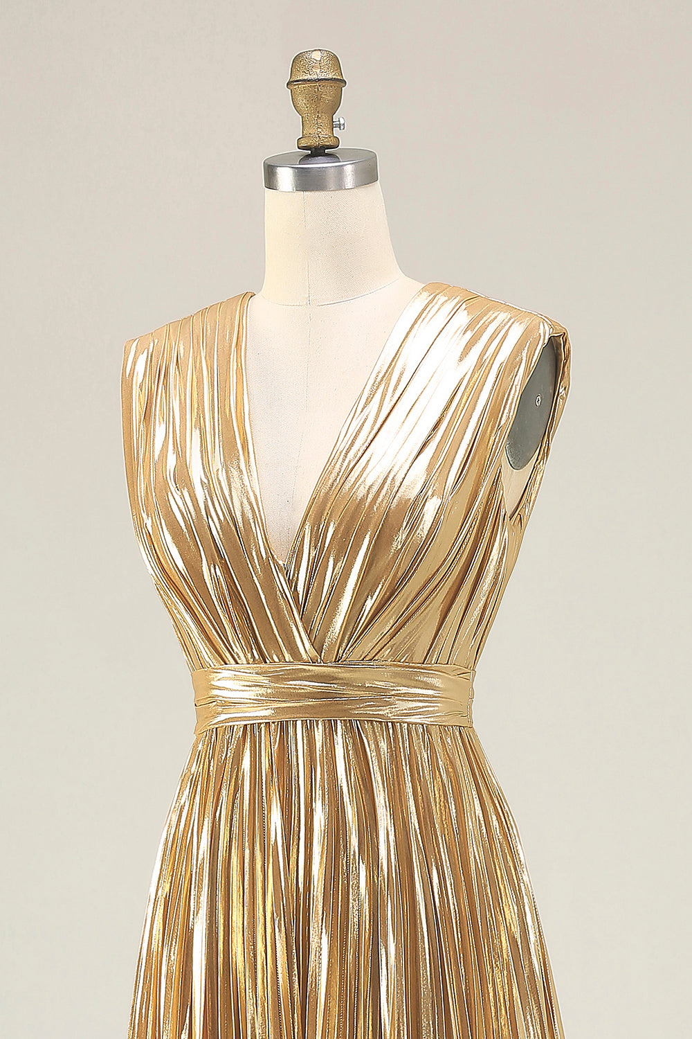 Sparkly Gold A-Line Metallic Pleated Prom Dress - Image 6