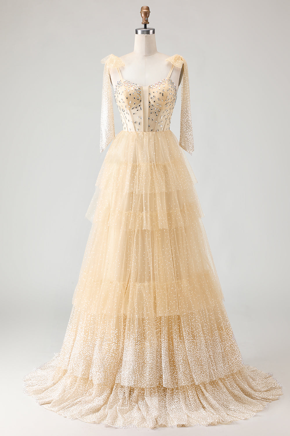 Sparkly Champagne Corset A Line Ruffled Prom Dress - Image 7