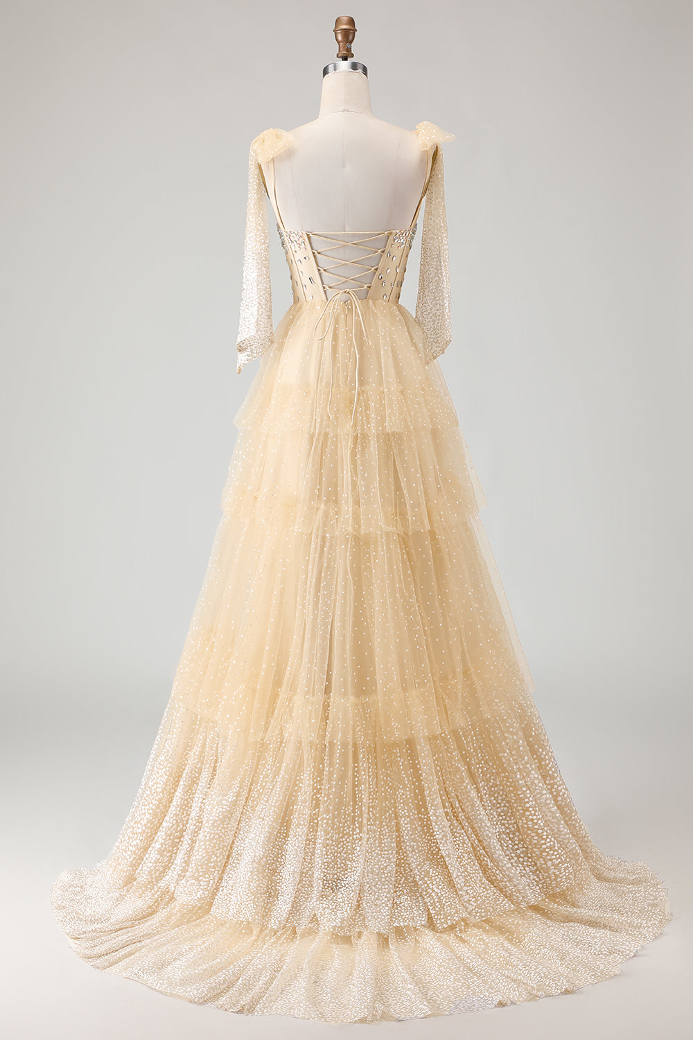 Sparkly Champagne Corset A Line Ruffled Prom Dress - Image 8