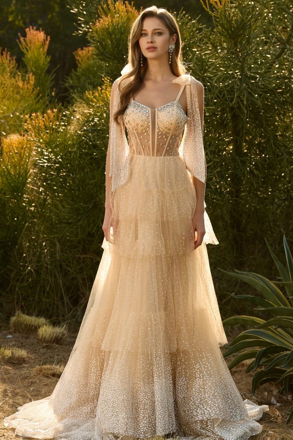 Sparkly Champagne Corset A Line Ruffled Prom Dress - Image 1
